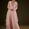 Baby Pink V Neck Anarkali With Printed Dupatta