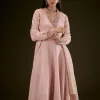 Baby Pink V Neck Anarkali With Printed Dupatta