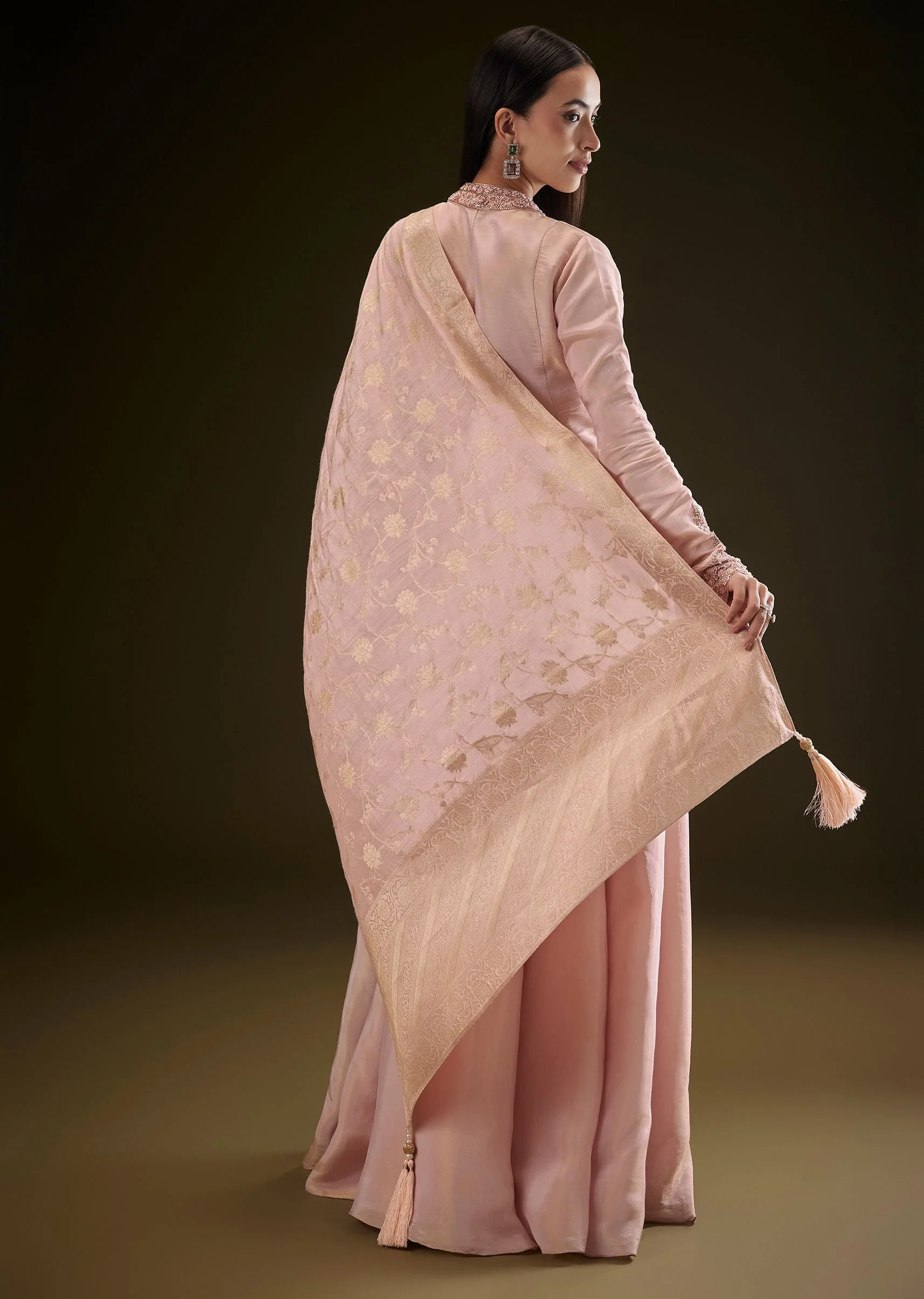 Baby Pink V Neck Anarkali With Printed Dupatta