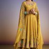 Yellow Tissue Anarkali Set With Resham And Moti Work