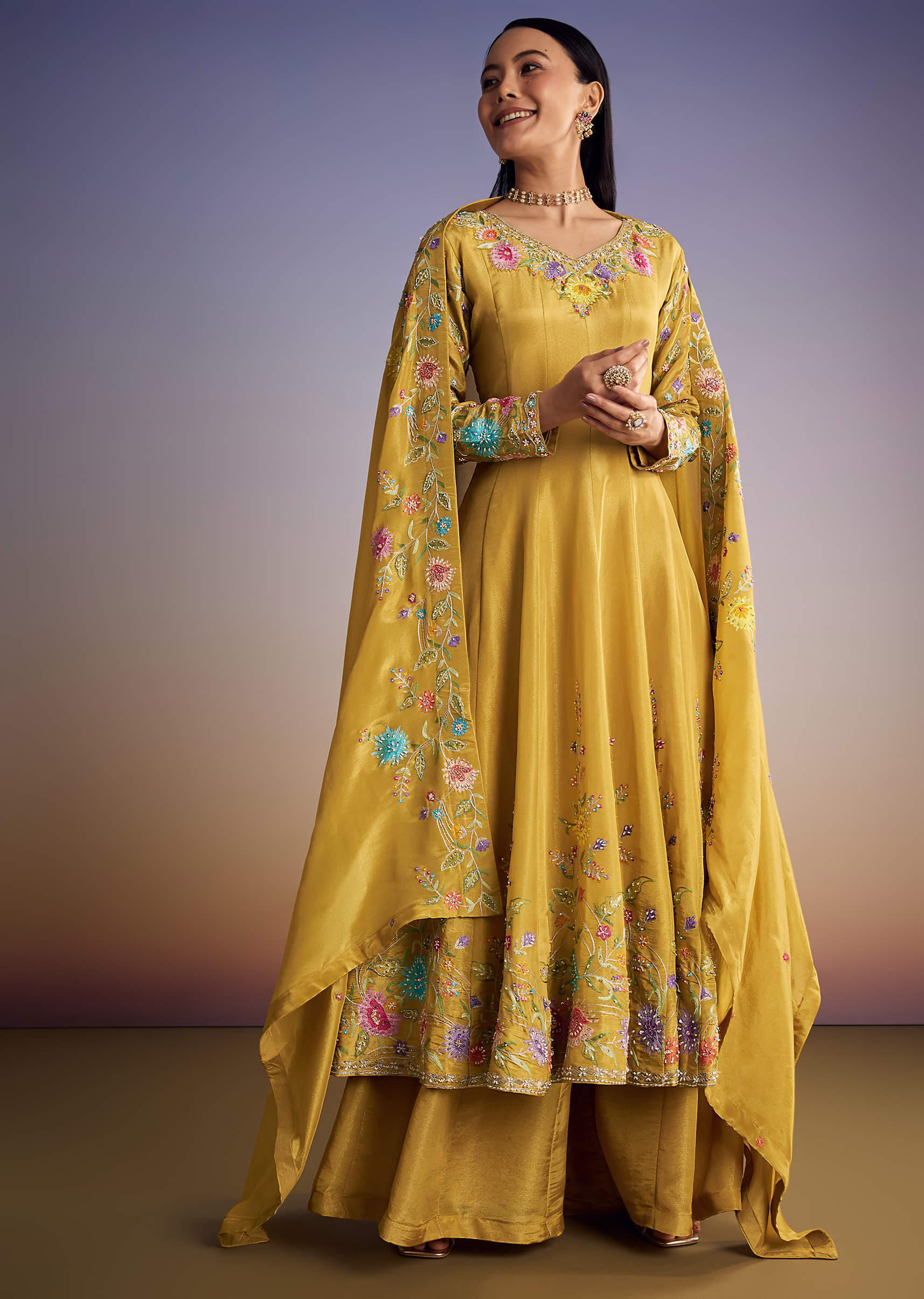 19088-yellow-tissue-anarkali-set-with-resham-and-moti-work-1.jpg Yellow Tissue Anarkali Set With Resham And Moti Work