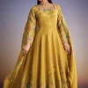 Yellow Tissue Anarkali Set With Resham And Moti Work
