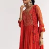 Orange Floral Chiffon Anarkali Kurta Set With Dupatta