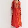 Orange Floral Chiffon Anarkali Kurta Set With Dupatta