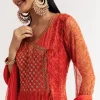 Orange Floral Chiffon Anarkali Kurta Set With Dupatta