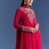 Red Chinon Anarkali With Moti And Gotta Lace Dupatta