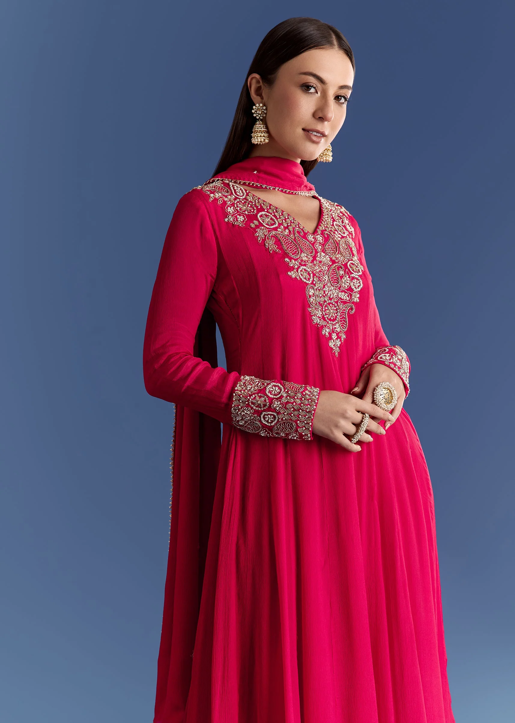 19112-red-chinon-anarkali-with-moti-and-gotta-lace-dupatta-1.webp Red Chinon Anarkali With Moti And Gotta Lace Dupatta