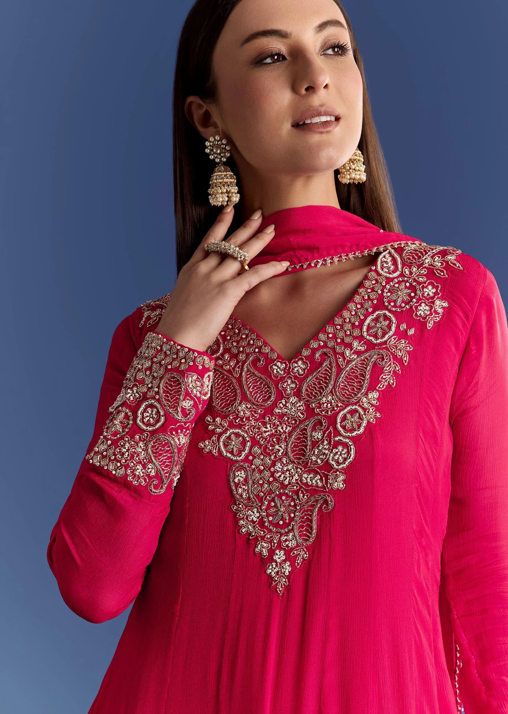 Red Chinon Anarkali With Moti And Gotta Lace Dupatta