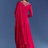 Red Chinon Anarkali With Moti And Gotta Lace Dupatta