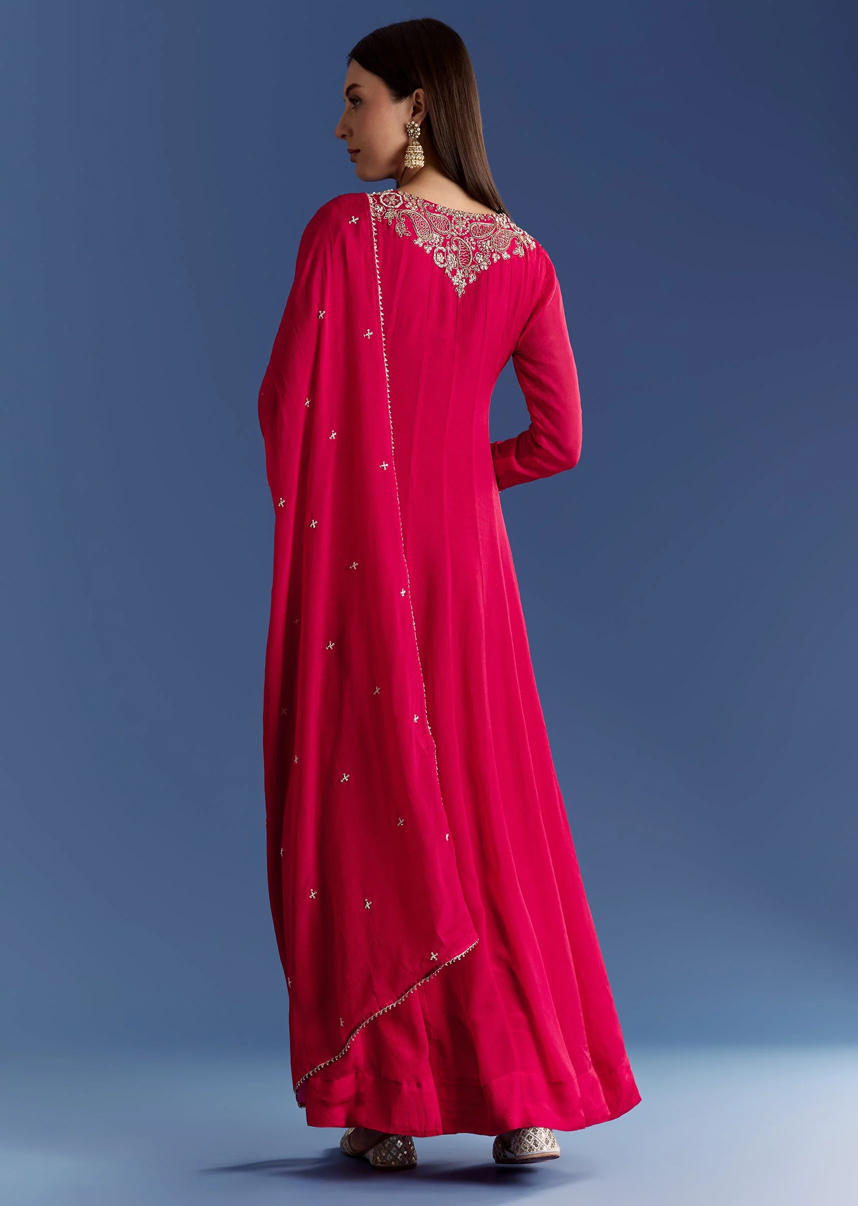 Red Chinon Anarkali With Moti And Gotta Lace Dupatta