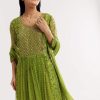 Parrot Green Floral Chiffon Anarkali Kurta Set With Dupatta