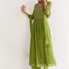 Parrot Green Floral Chiffon Anarkali Kurta Set With Dupatta