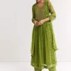 Parrot Green Floral Chiffon Anarkali Kurta Set With Dupatta