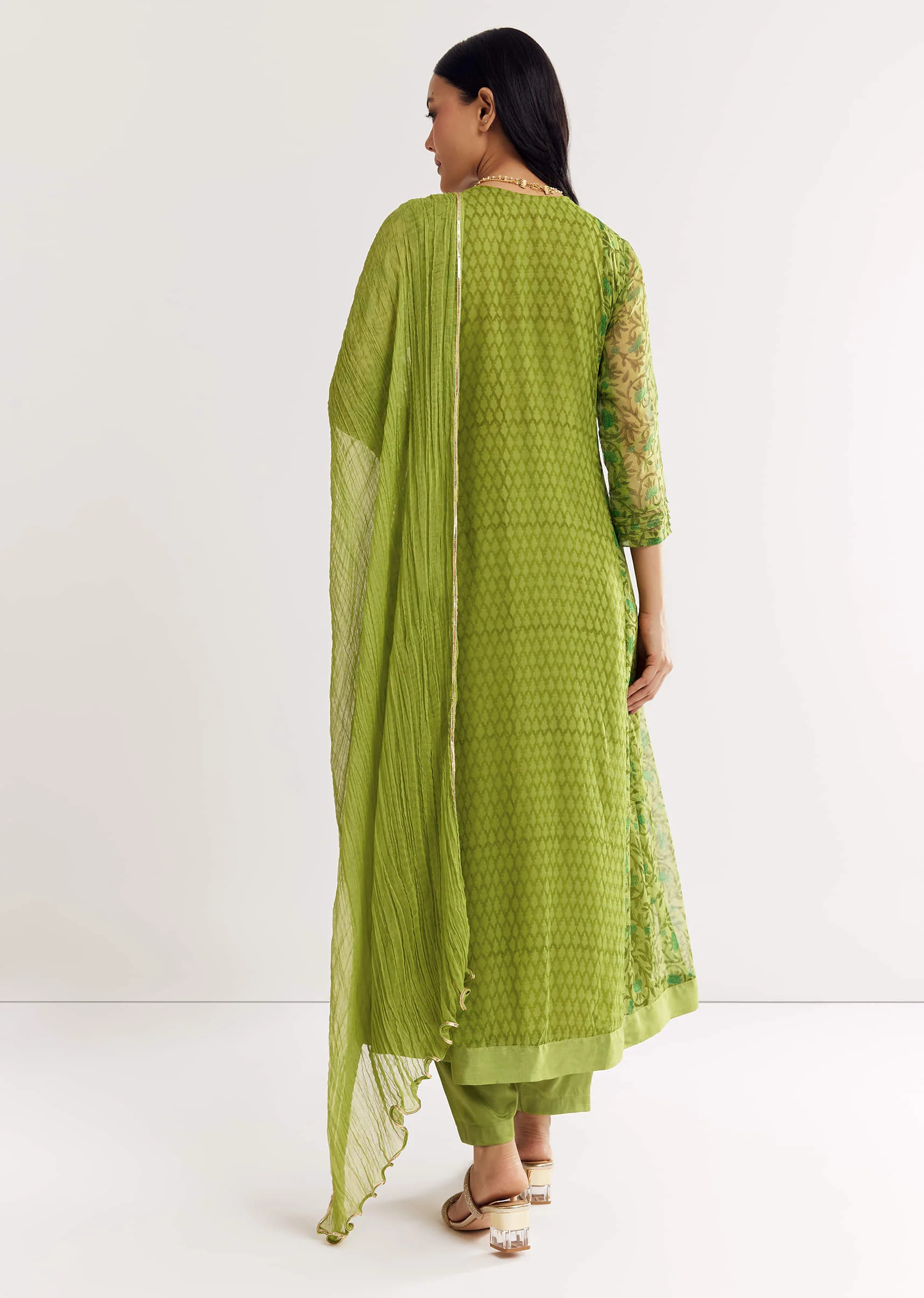 Parrot Green Floral Chiffon Anarkali Kurta Set With Dupatta