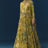 Yellow Tropical Print Georgette Anarkali with Moti Work