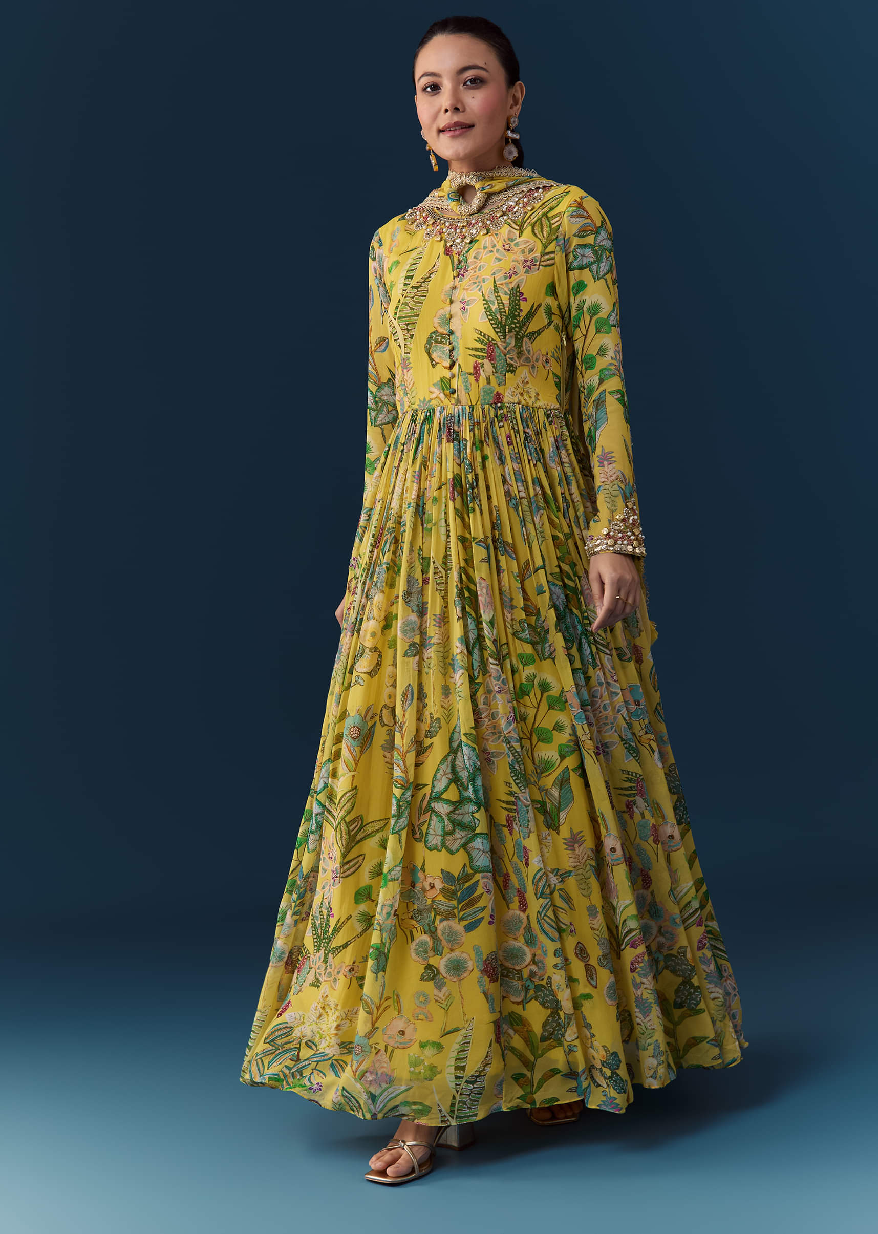 19151-yellow-tropical-print-georgette-anarkali-with-moti-work-1.jpg Yellow Tropical Print Georgette Anarkali with Moti Work