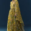 Yellow Tropical Print Georgette Anarkali with Moti Work