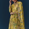 Yellow Tropical Print Georgette Anarkali with Moti Work