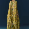 Yellow Tropical Print Georgette Anarkali with Moti Work
