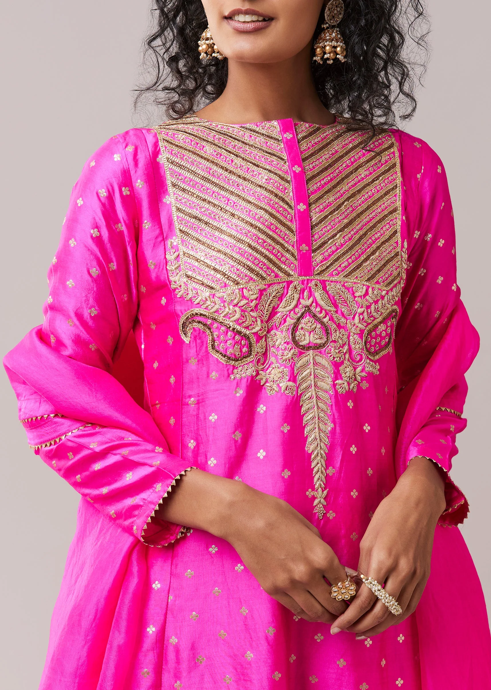 Rani Pink Pure Chiniya Silk Gota Work Anarkali Set