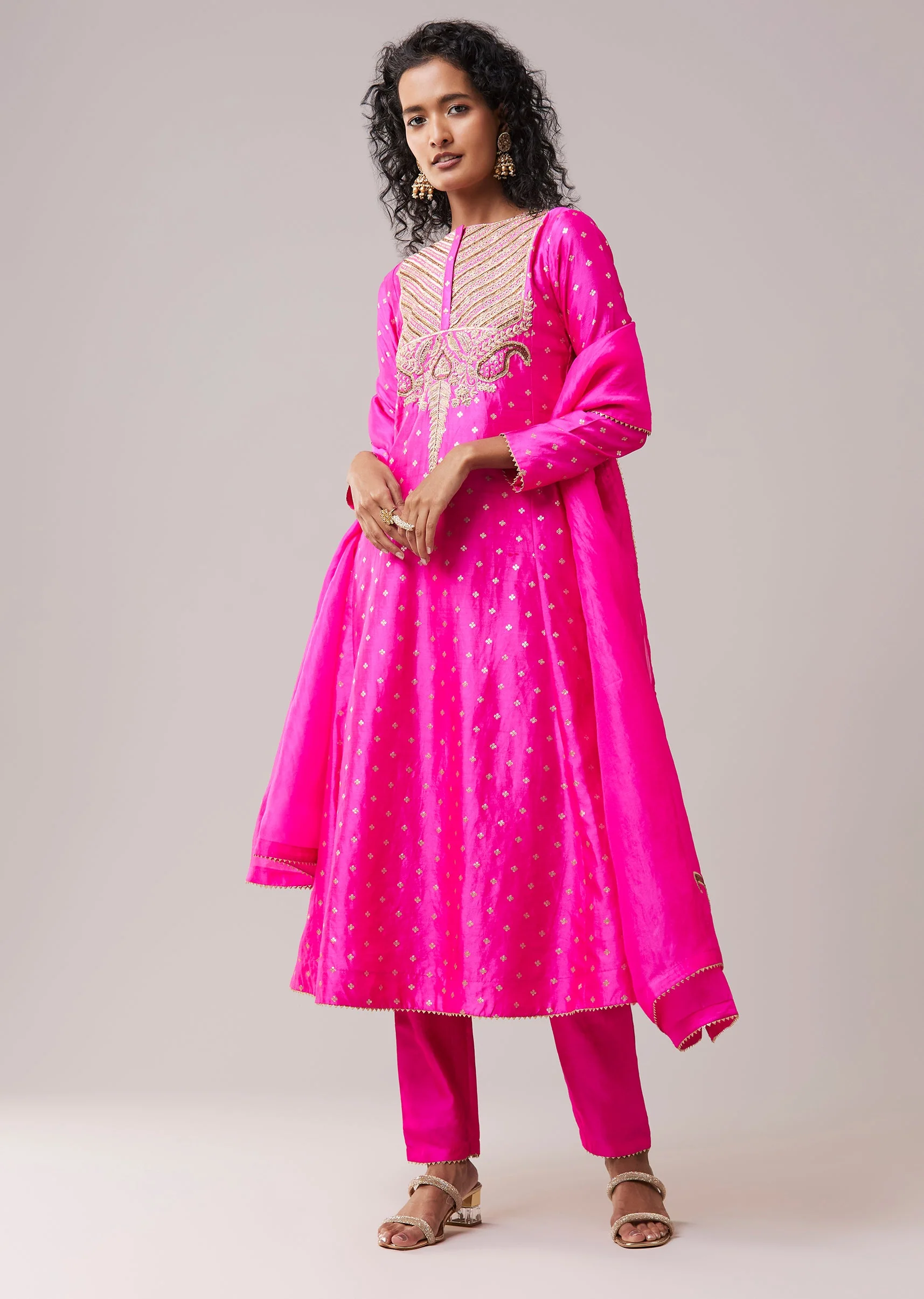 Rani Pink Pure Chiniya Silk Gota Work Anarkali Set