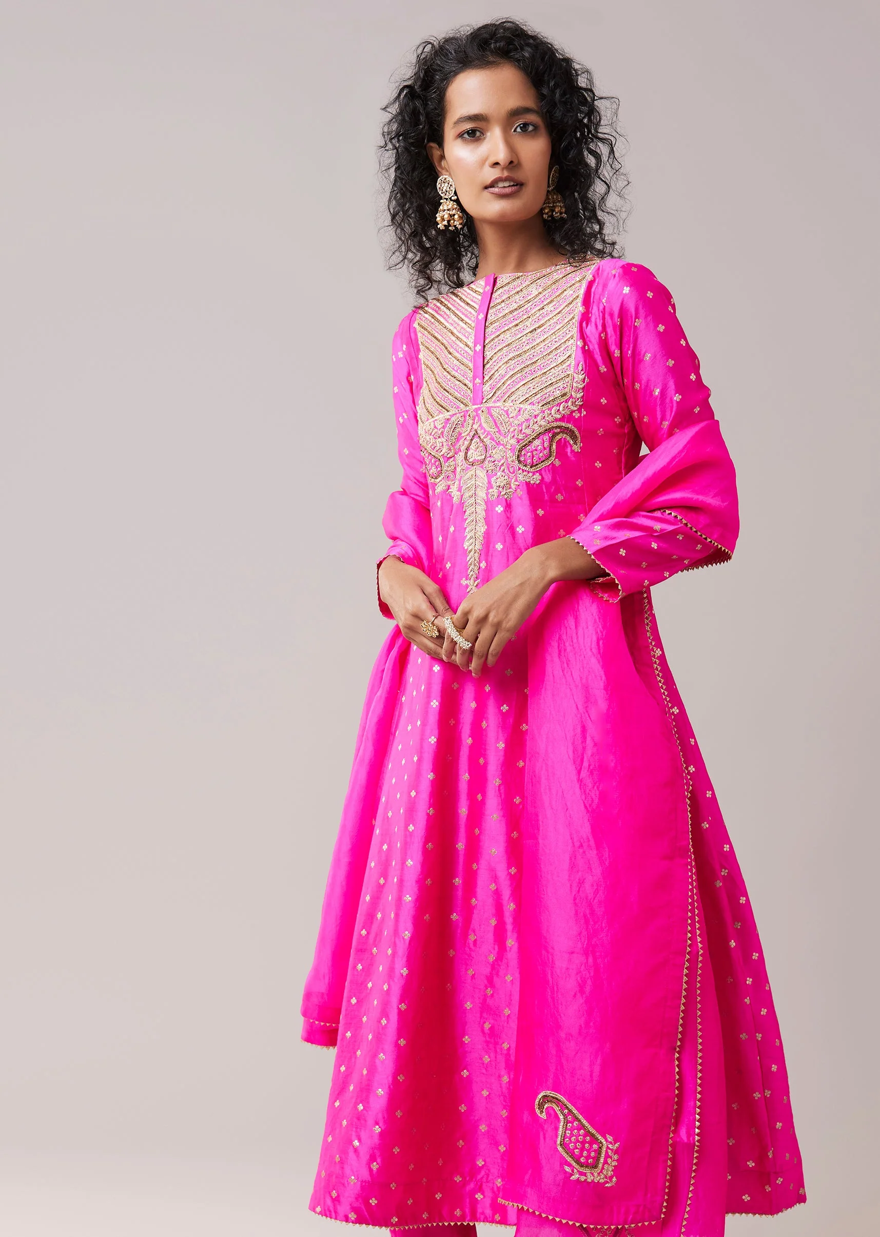 Rani Pink Pure Chiniya Silk Gota Work Anarkali Set