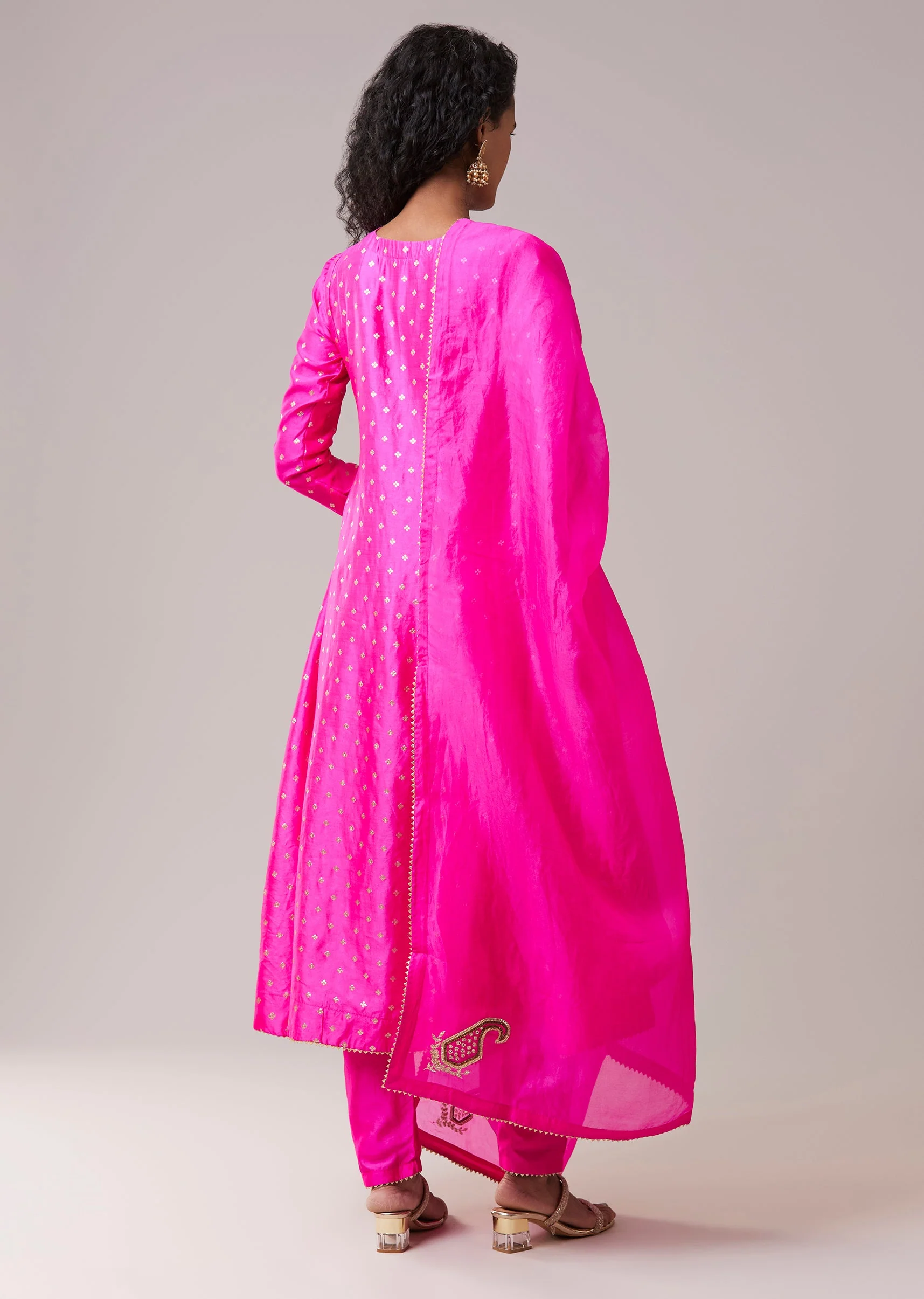 Rani Pink Pure Chiniya Silk Gota Work Anarkali Set
