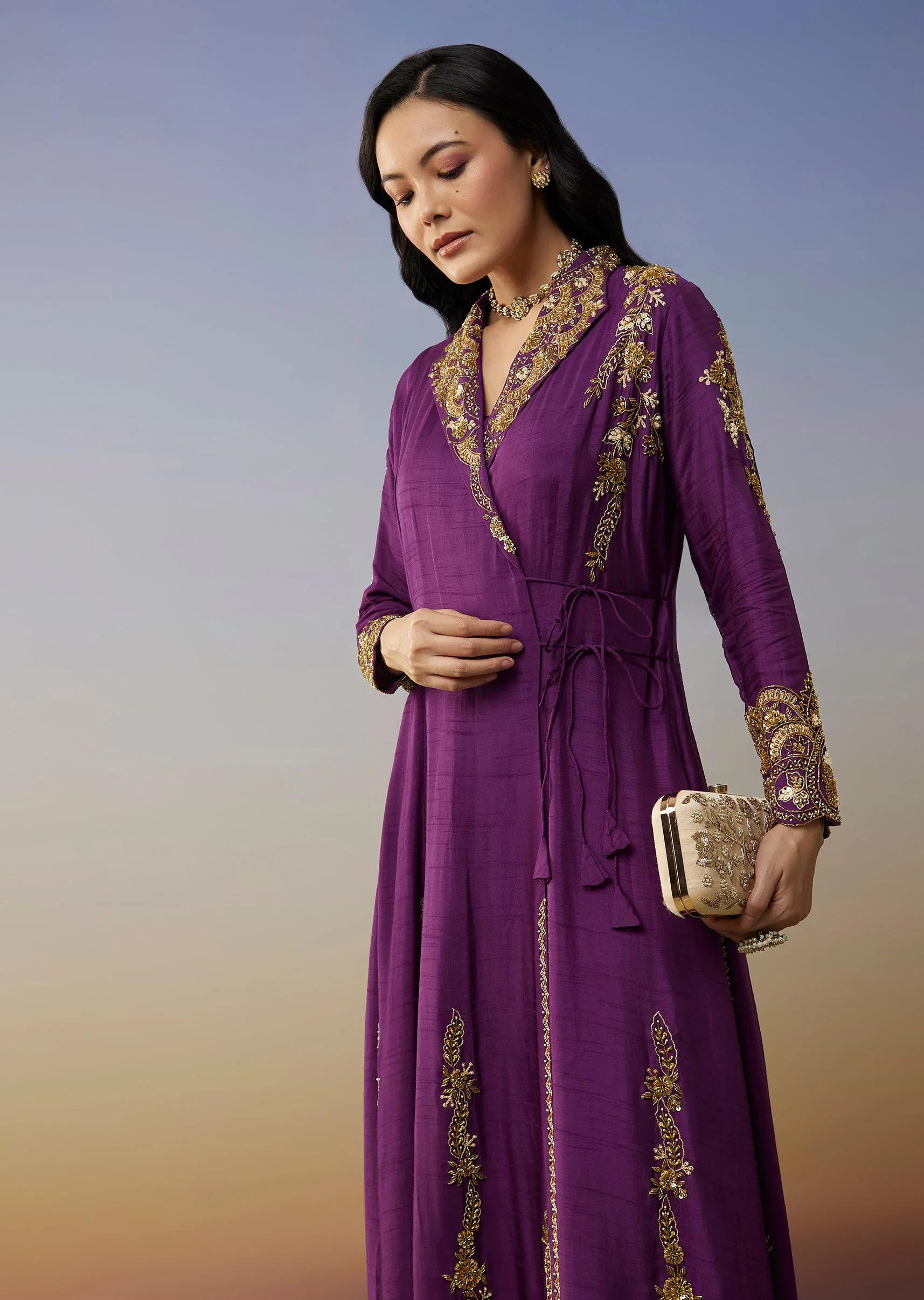 Purple Silk Anarkali Suit with Cut Dana Sequins Work