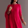 Red Chinon Zardosi Anarkali Suit With Cutdana Dupatta