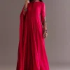 Red Chinon Zardosi Anarkali Suit With Cutdana Dupatta