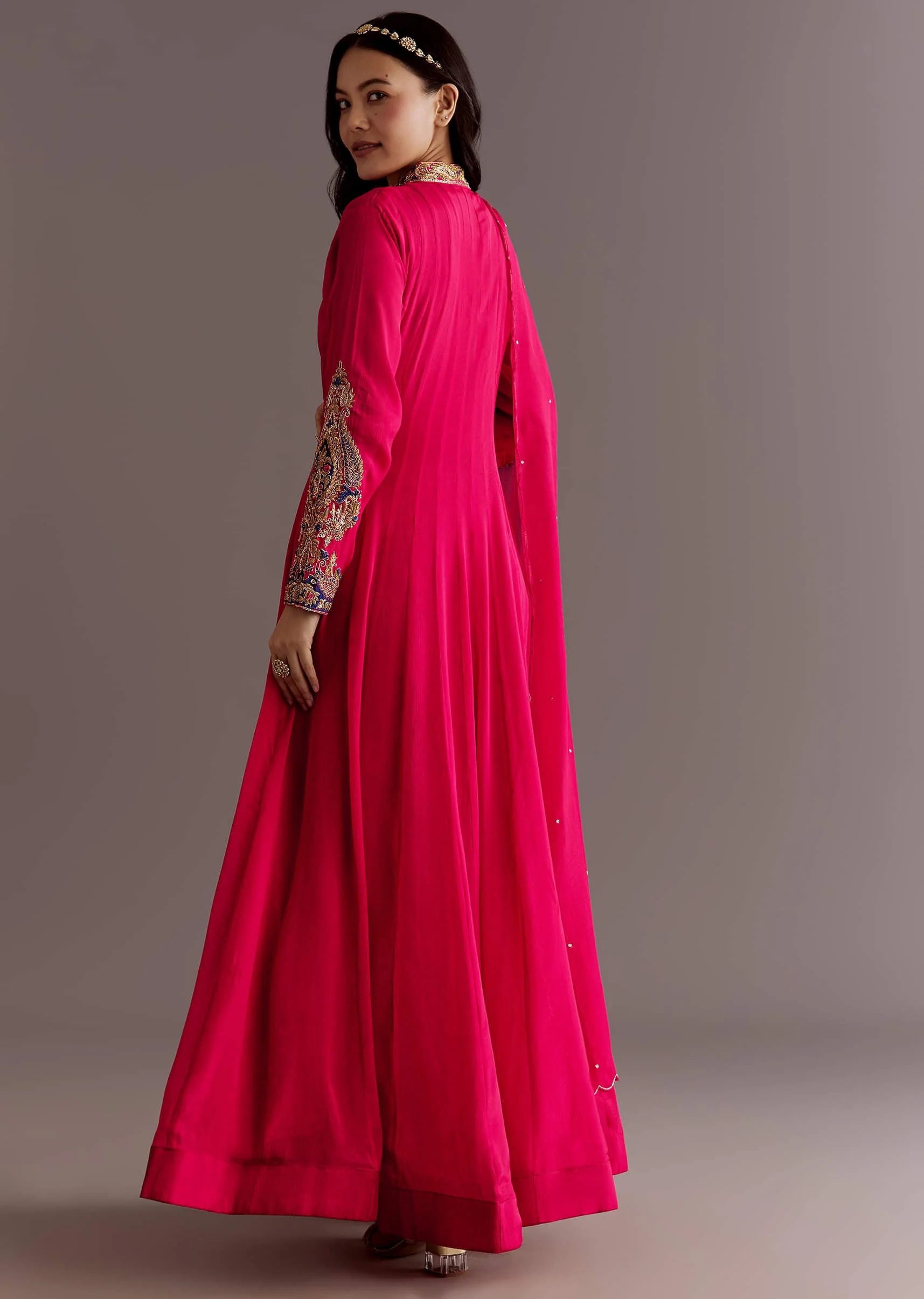 Red Chinon Zardosi Anarkali Suit With Cutdana Dupatta