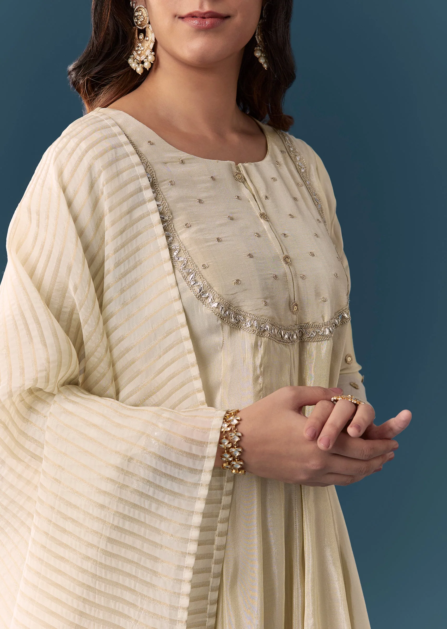 Cream Gotta Lace Tissue Anarkali Suit Set With Pant And Dupatta