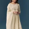 Cream Gotta Lace Tissue Anarkali Suit Set With Pant And Dupatta