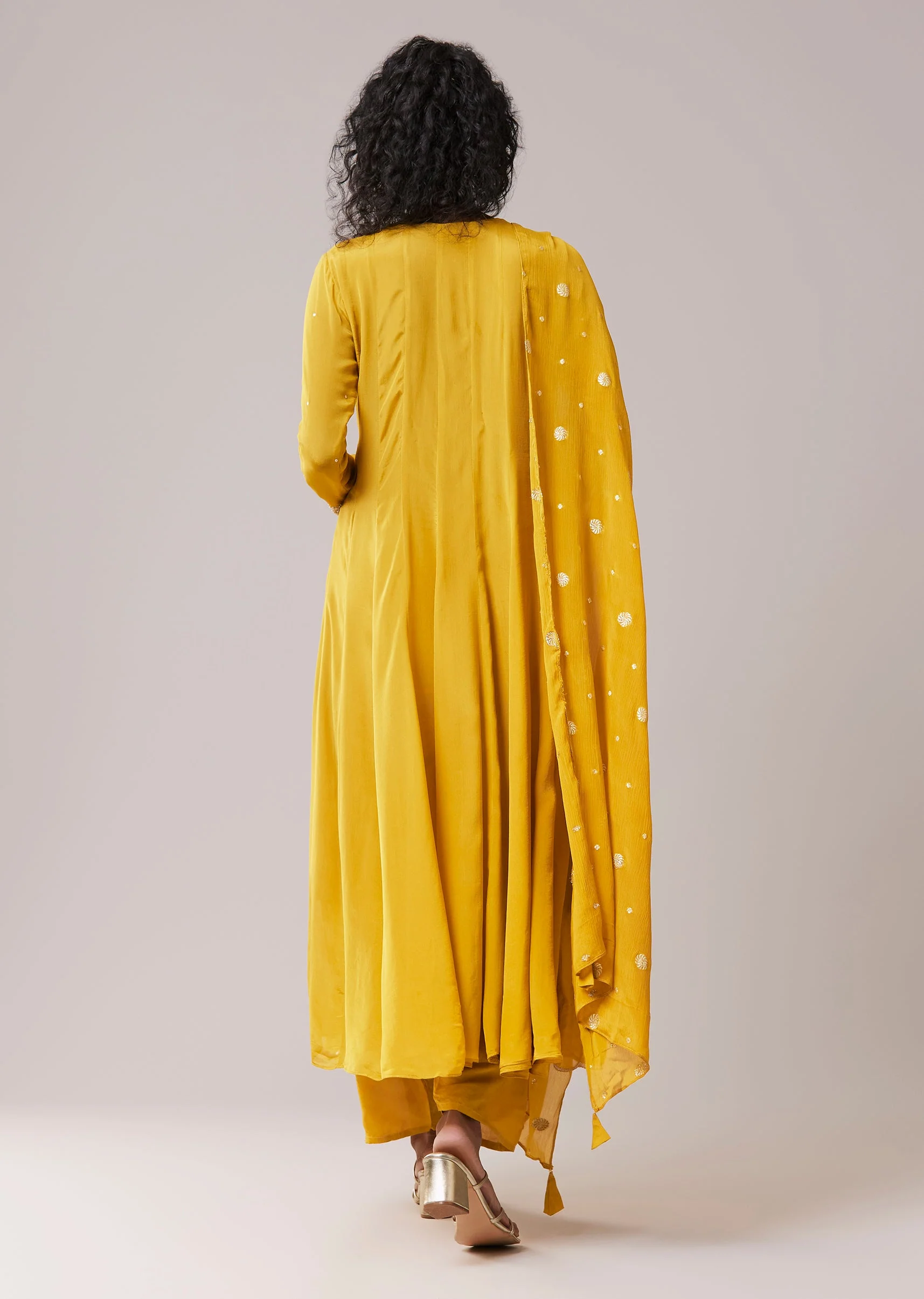 Mustard Yellow Chinon Sequin Embroidered Anarkali Set
