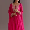 Pink Chinon Thread Sequin Embroidered Anarkali Dupatta Suit