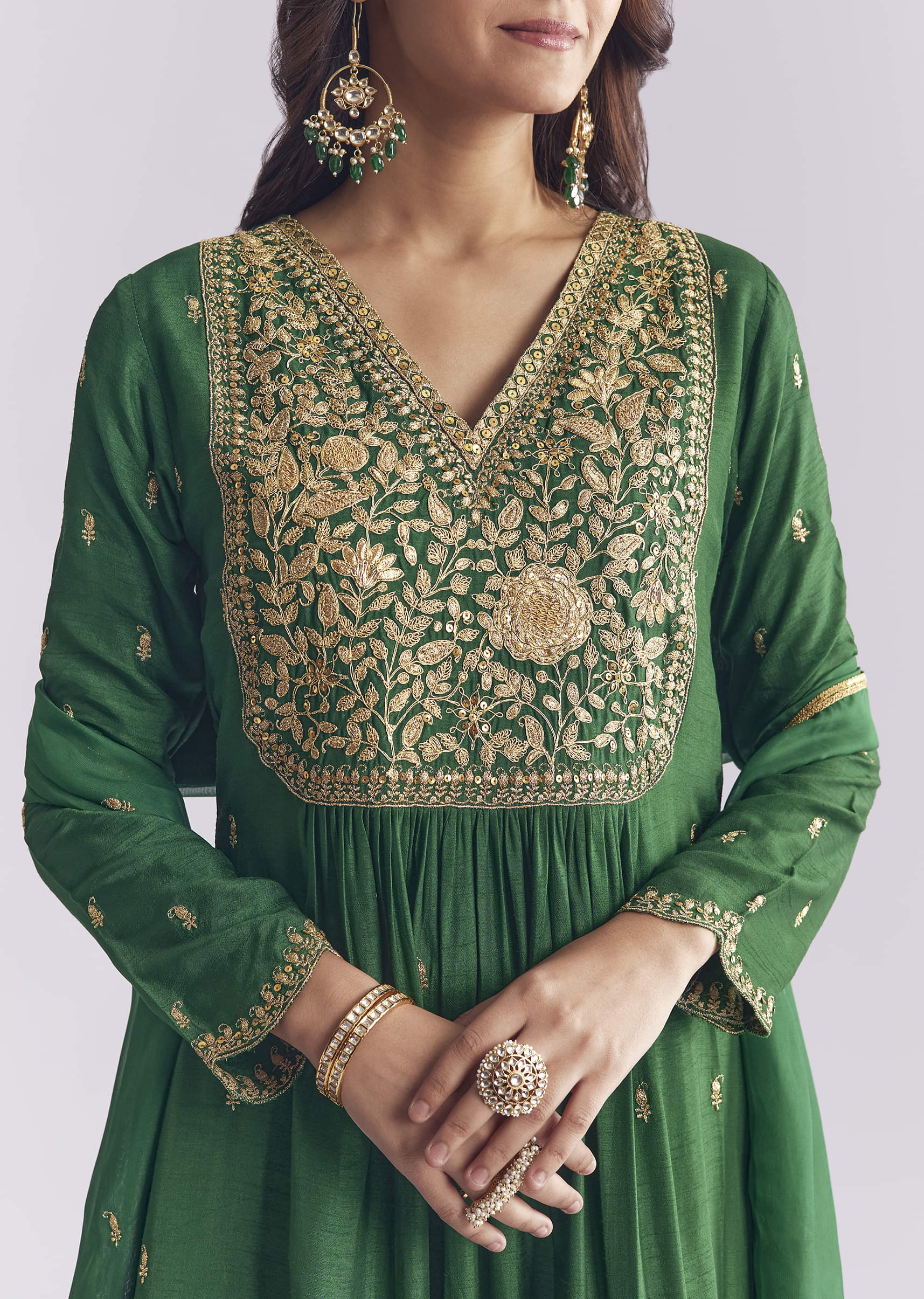 Green Silk Anarkali Suit With Zari Thread Work
