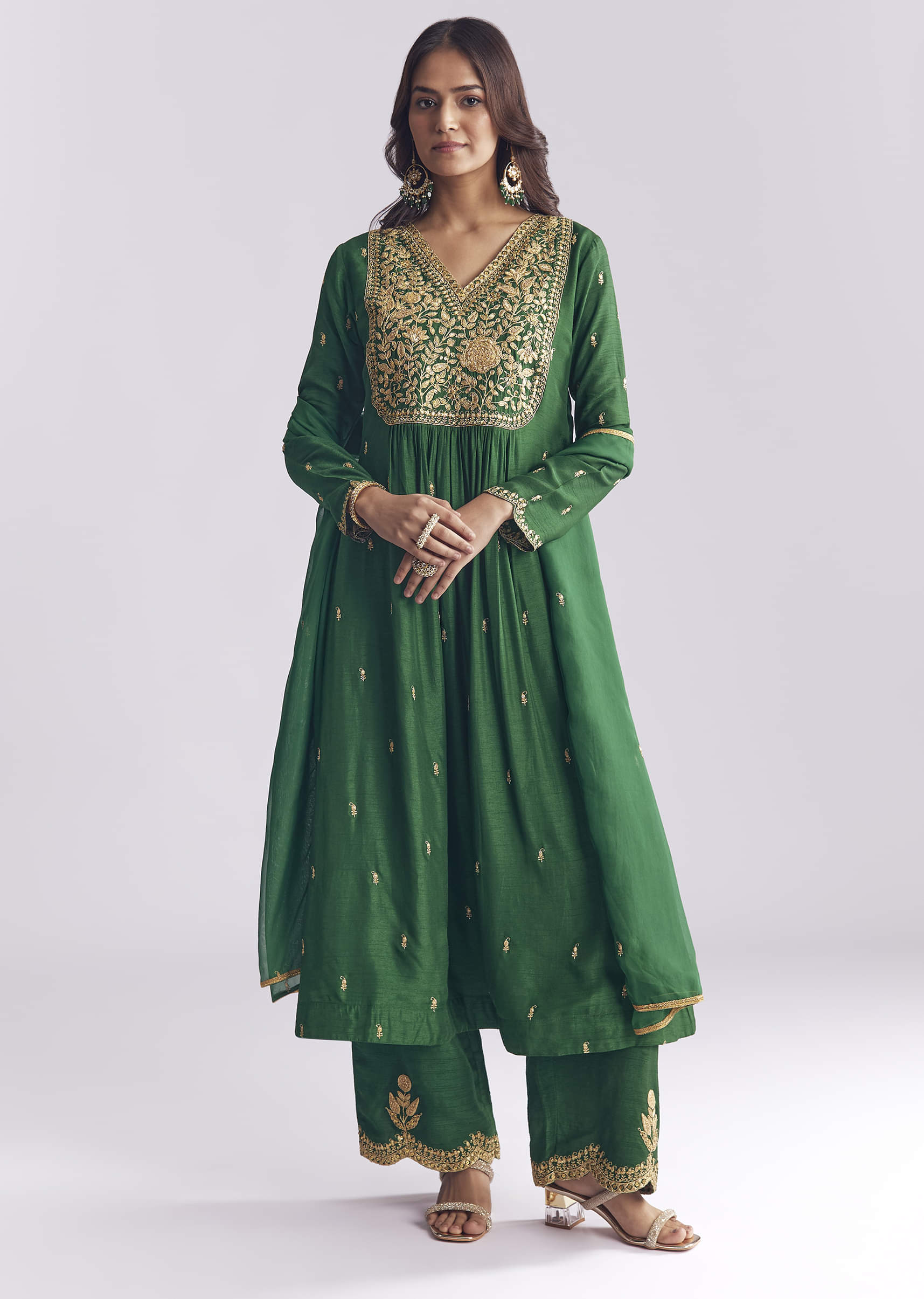 Green Silk Anarkali Suit With Zari Thread Work