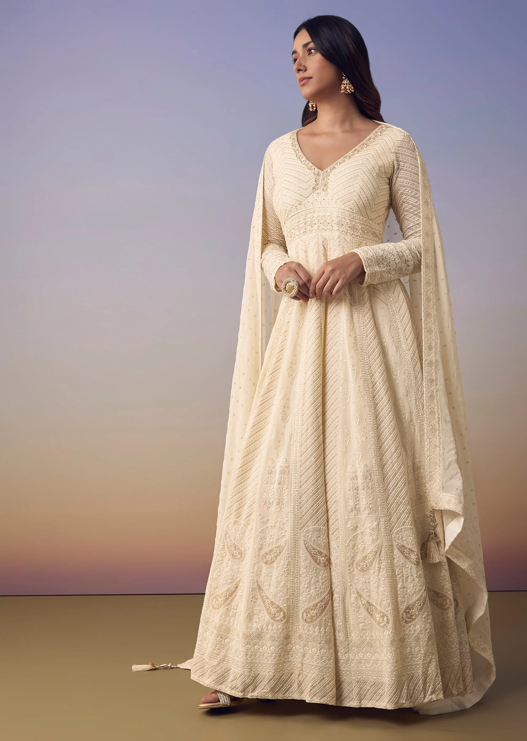 Ivory Lucknowi Anarkali with Dupatta