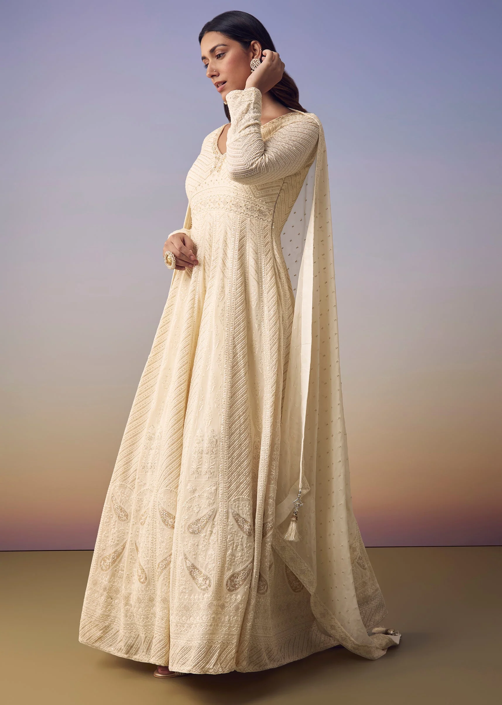 Ivory Lucknowi Anarkali with Dupatta