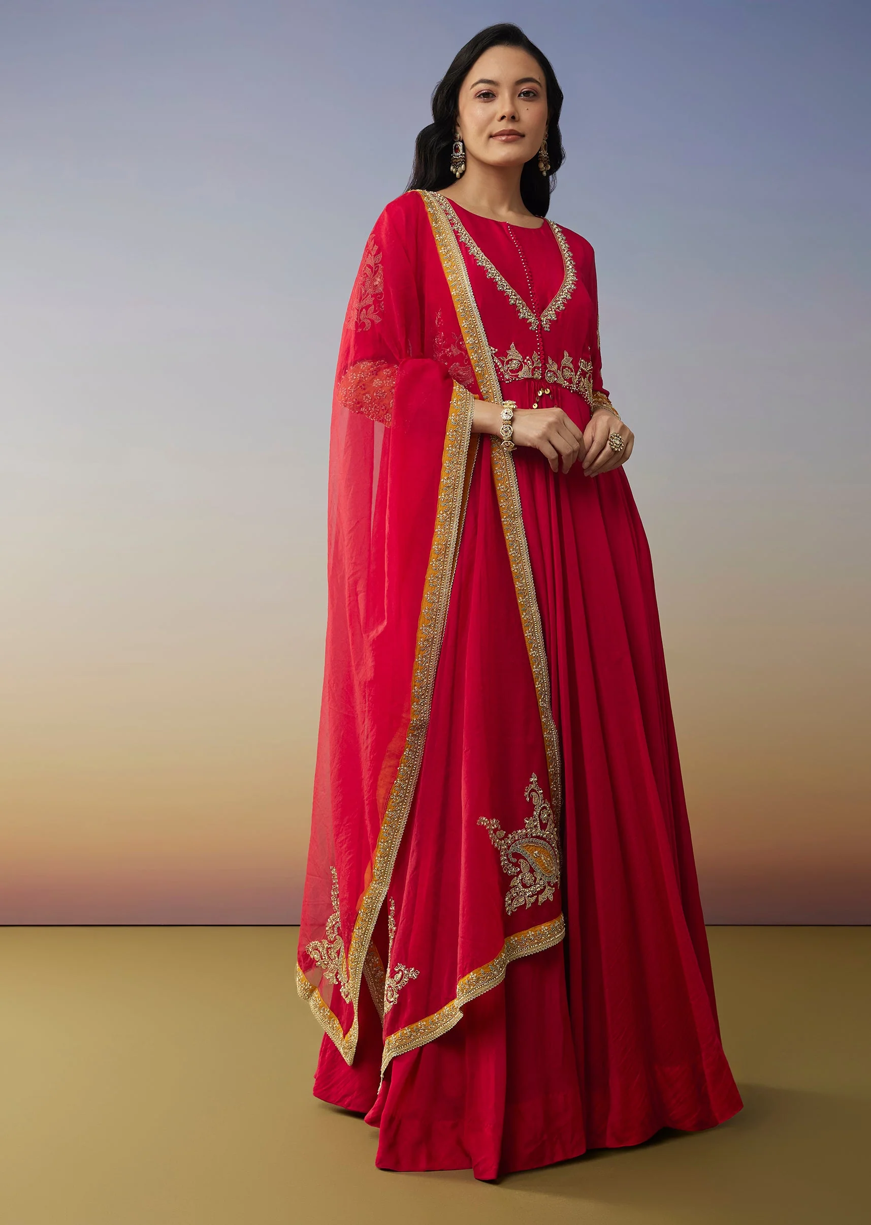 19235-red-chanderi-anarkali-suit-with-zari-moti-work-1.webp Red Chanderi Anarkali Suit with Zari Moti Work