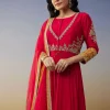 Red Chanderi Anarkali Suit with Zari Moti Work