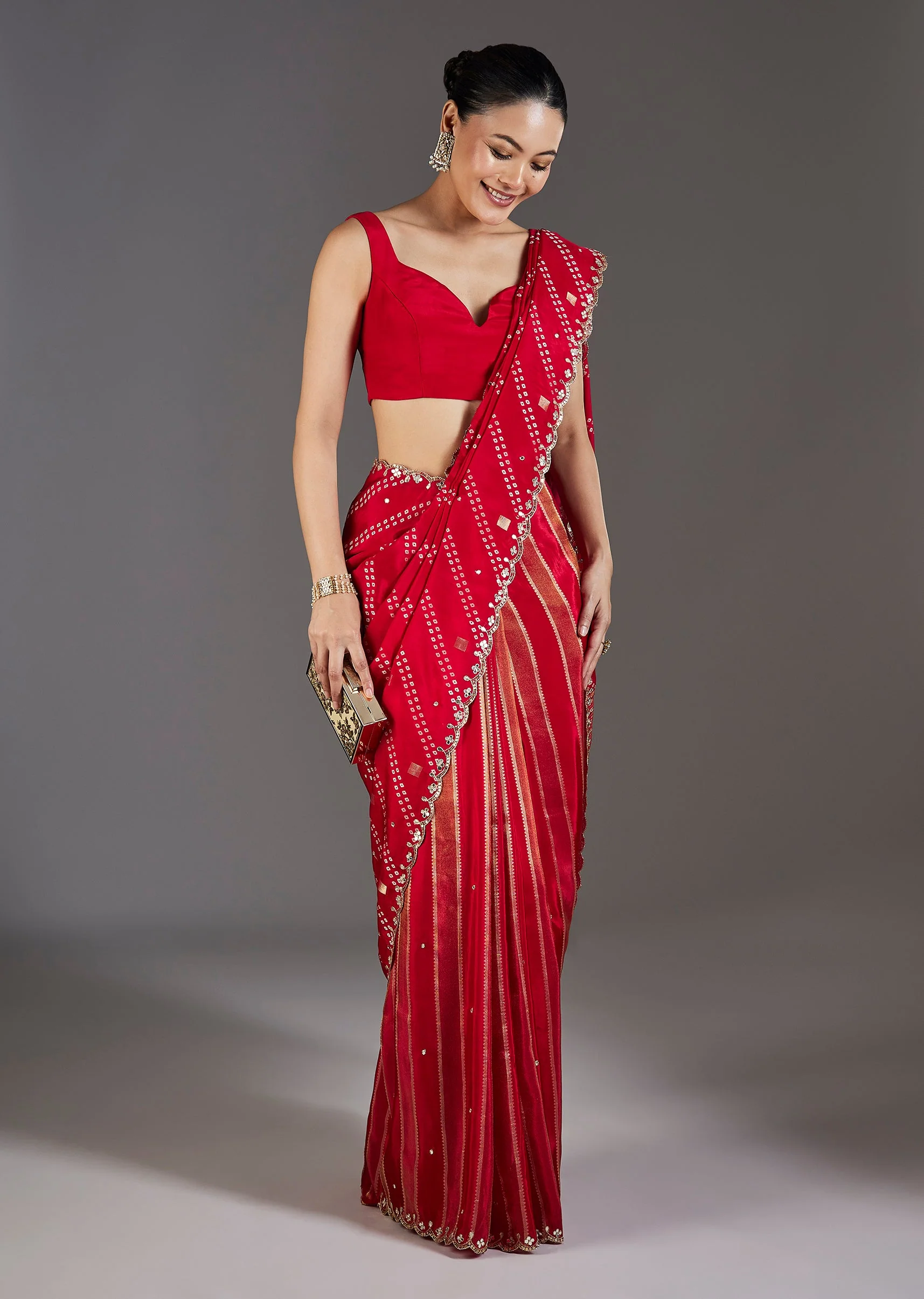 Red Dola Silk Lehriya Saree