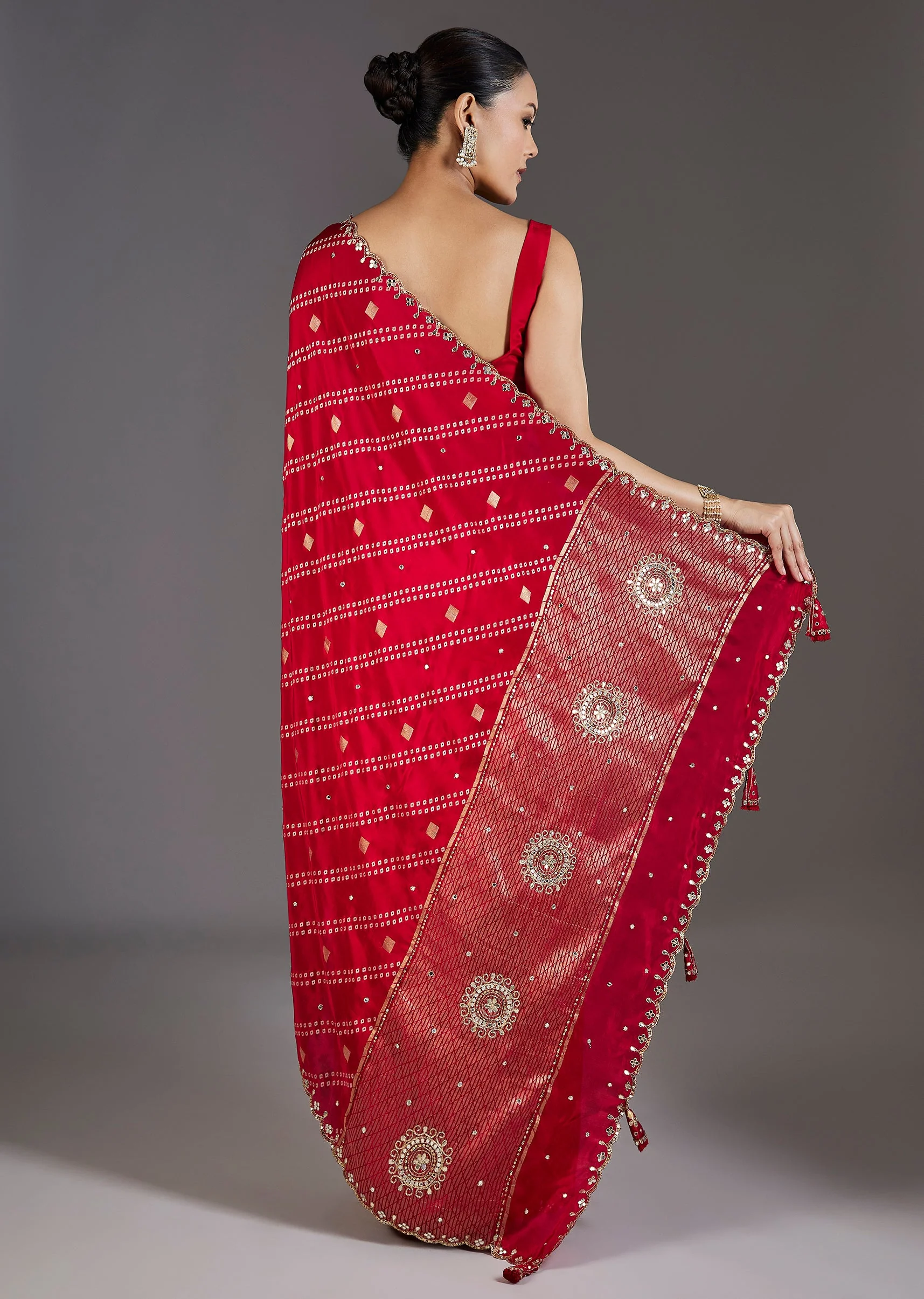 Red Dola Silk Lehriya Saree