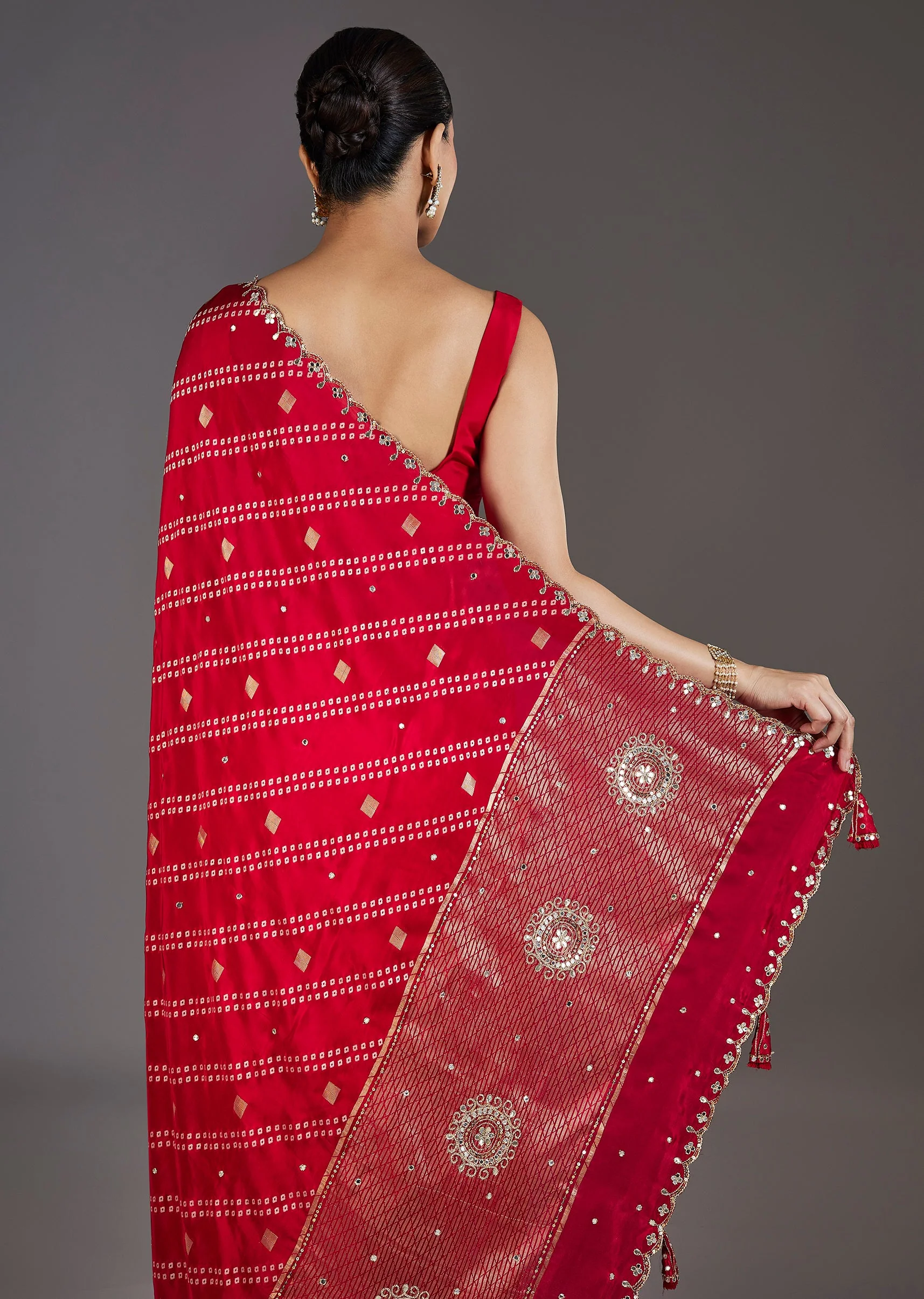 Red Dola Silk Lehriya Saree