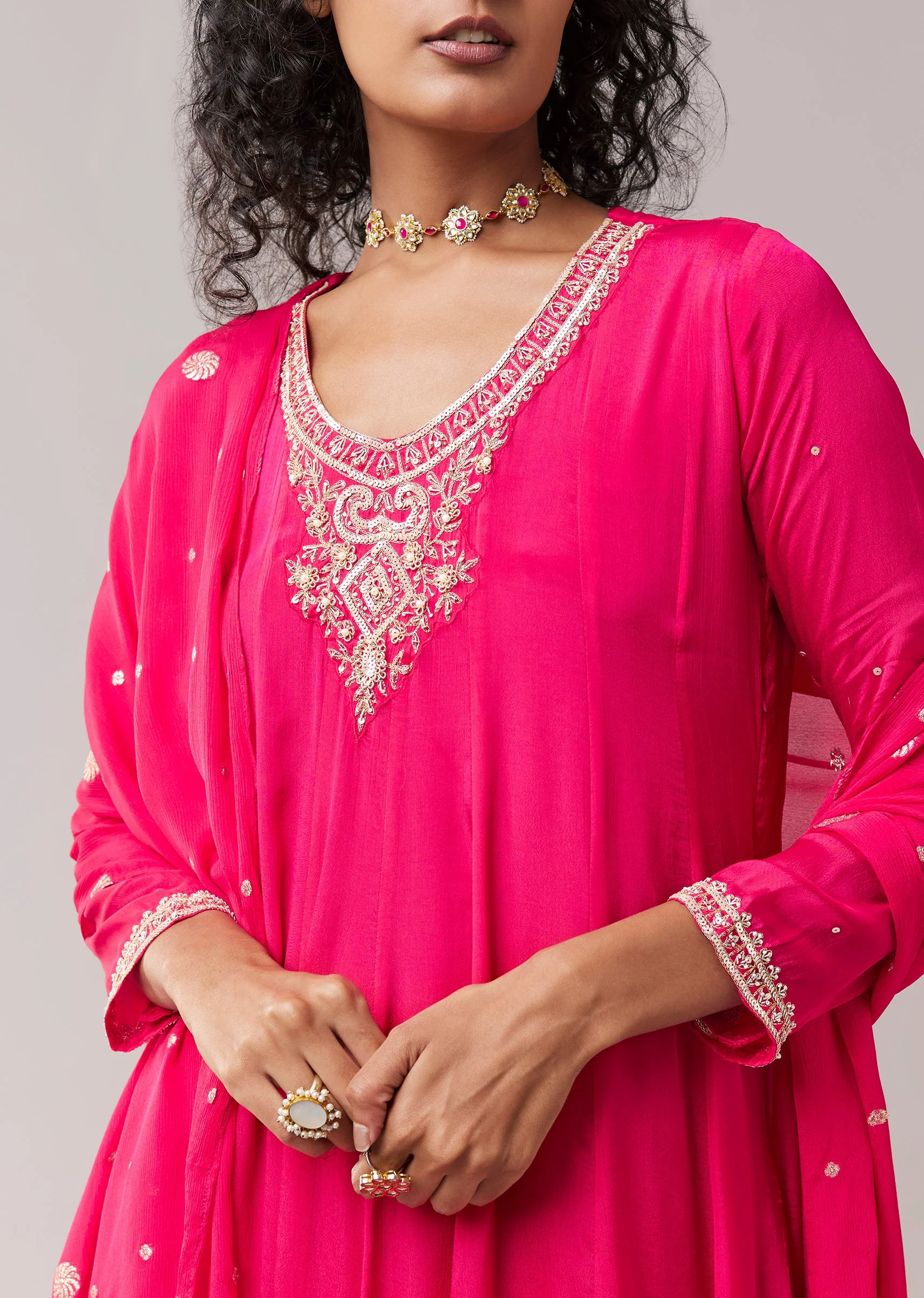 Pink Chinon Embroidered Anarkali Set