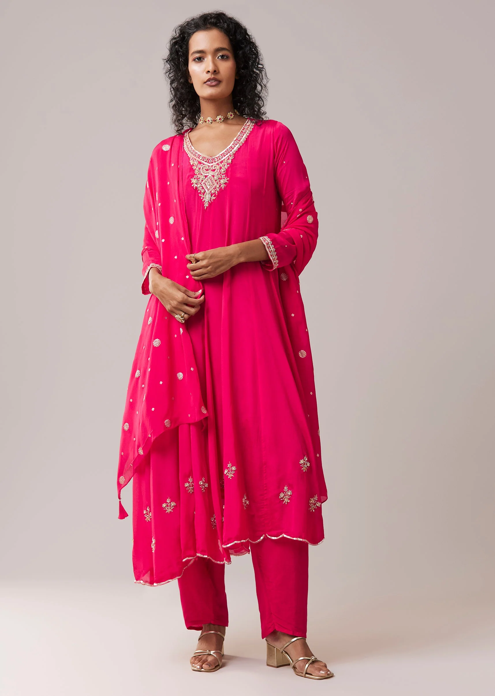 Pink Chinon Embroidered Anarkali Set
