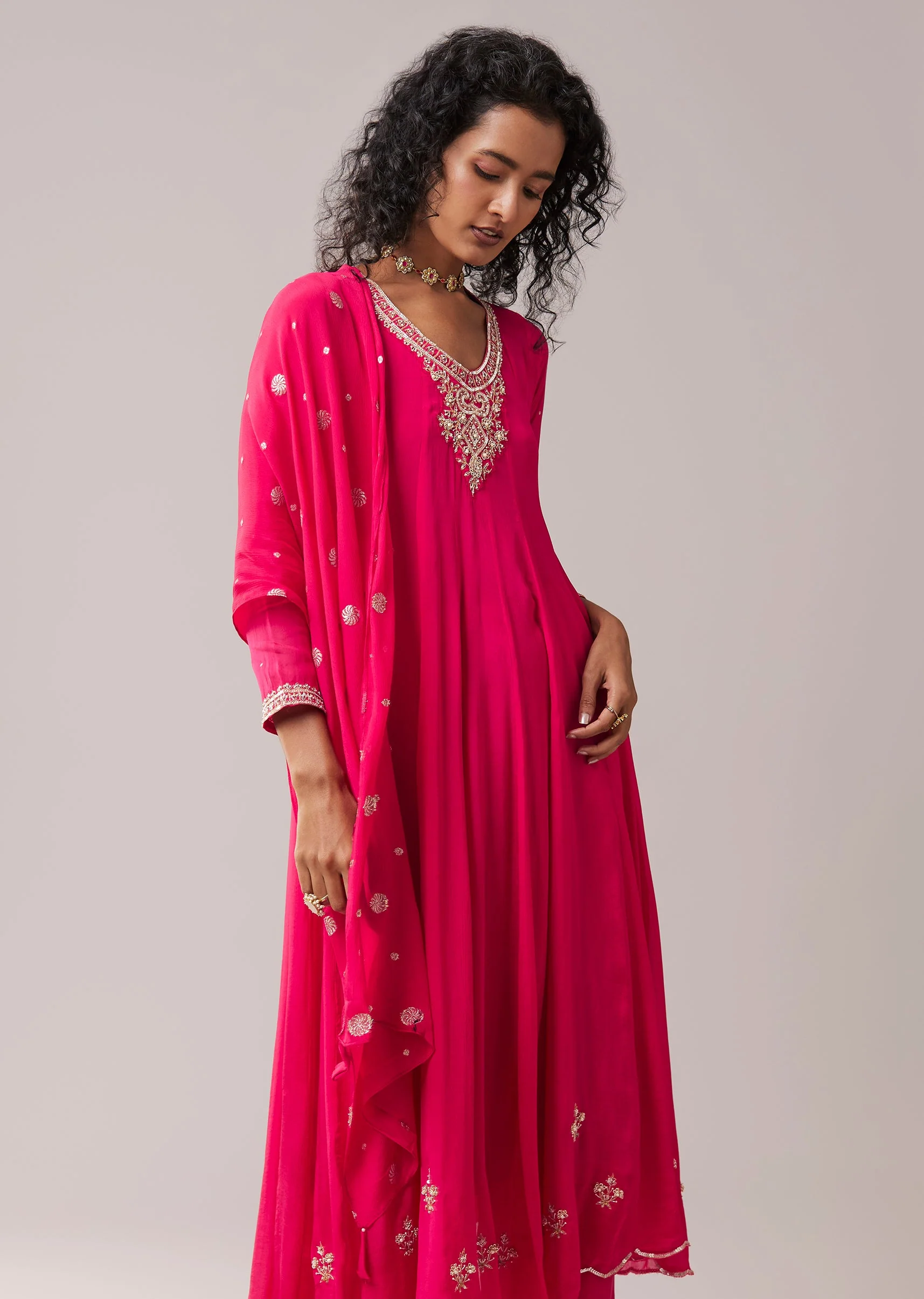 Pink Chinon Embroidered Anarkali Set