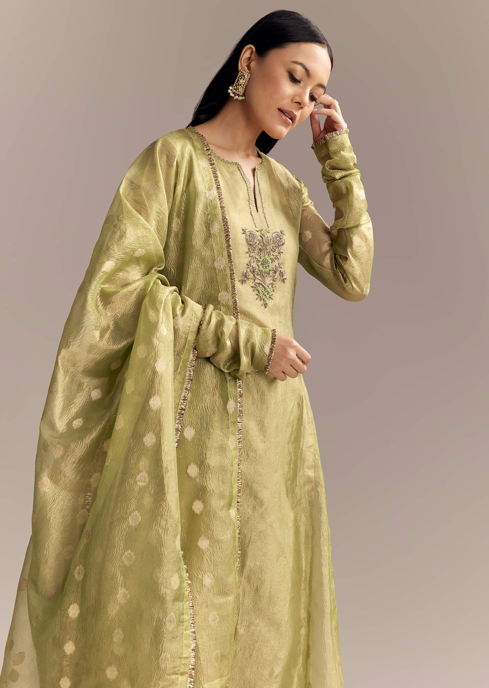Mehendi Green Tissue Anarkali Suit With Zardosi Work