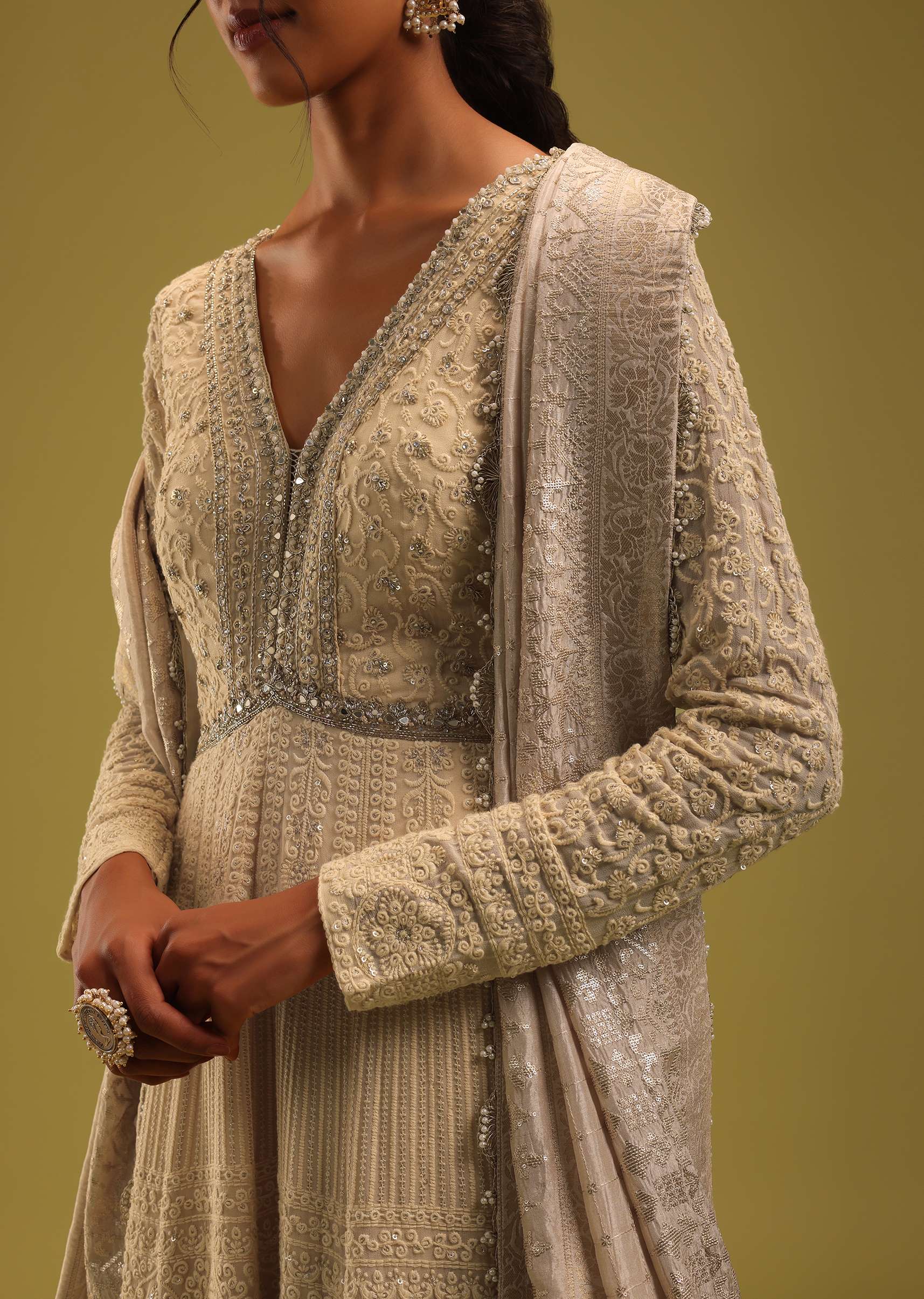 Cream White Anarkali Set In Georgette With Lucknowi Work