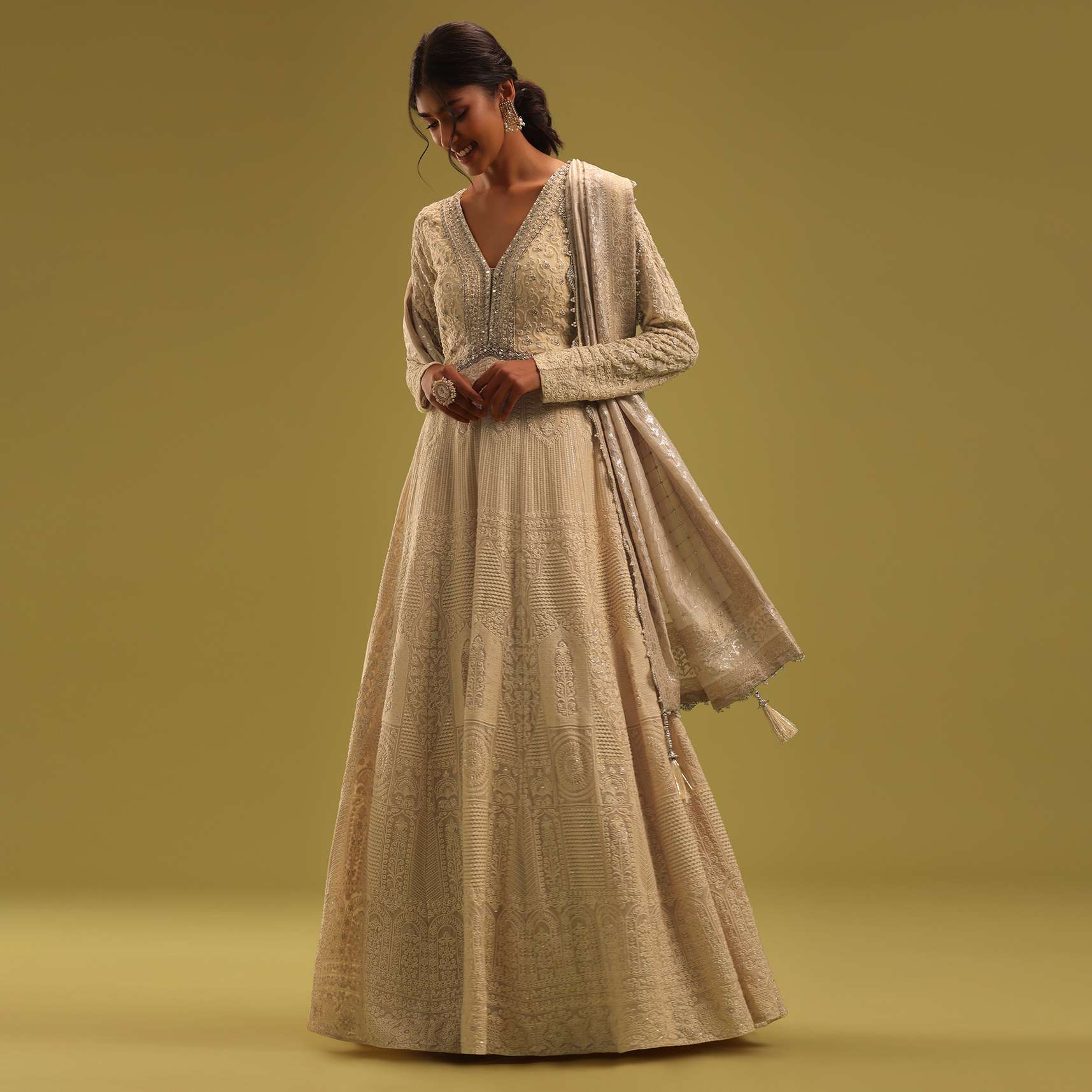 Cream White Anarkali Set In Georgette With Lucknowi Work